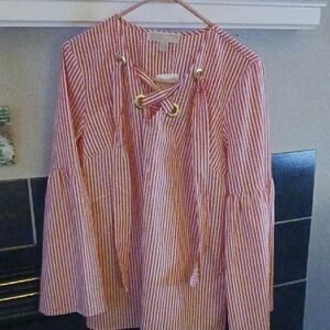 Striped Poppy Colored Lace-Up Women's Top